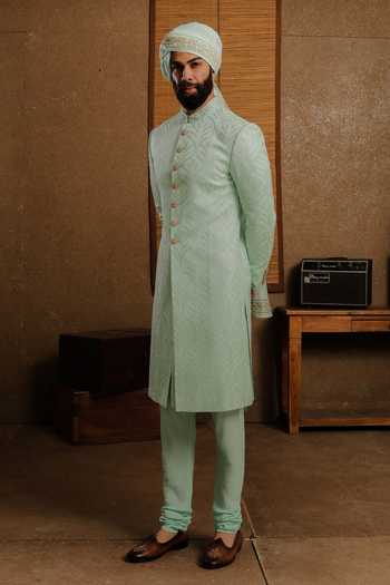 Shop_Punit Arora_Mint Silk Embroidery Serene Aqua Sherwani Set _Online_at_Aza_Fashions