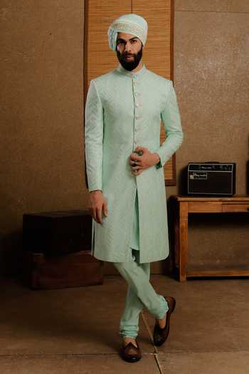 Shop_Punit Arora_Mint Silk Embroidery Serene Aqua Sherwani Set _at_Aza_Fashions