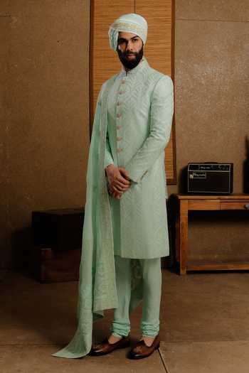 Punit Arora_Mint Silk Embroidery Serene Aqua Sherwani Set _at_Aza_Fashions