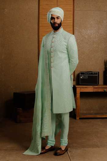 Shop_Punit Arora_Mint Silk Embroidery Serene Aqua Sherwani Set 