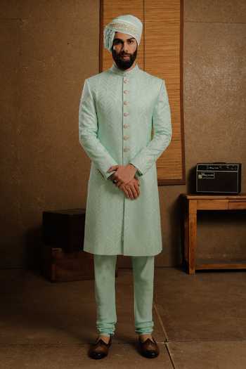 Punit Arora_Mint Silk Embroidery Serene Aqua Sherwani Set _Online