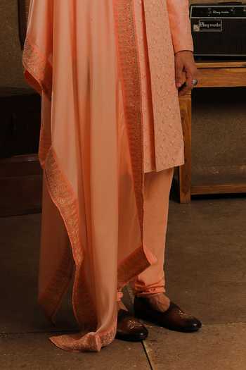 Punit Arora_Peach Silk Embroidery Nocturne Sherwani Set _Online_at_Aza_Fashions