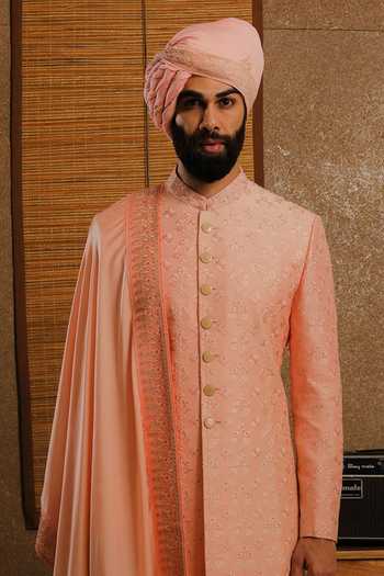 Buy_Punit Arora_Peach Silk Embroidery Nocturne Sherwani Set _Online_at_Aza_Fashions