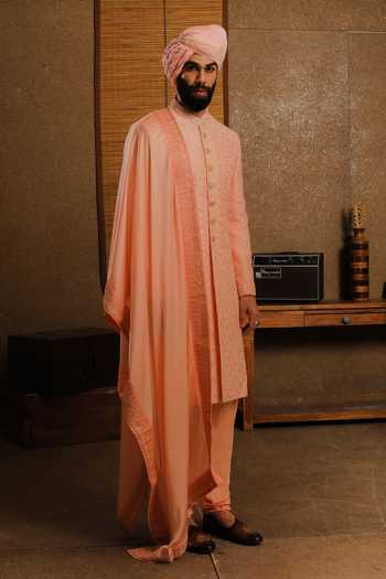 Shop_Punit Arora_Peach Silk Embroidery Nocturne Sherwani Set _at_Aza_Fashions
