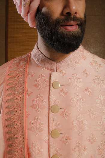 Shop_Punit Arora_Peach Silk Embroidery Nocturne Sherwani Set _Online_at_Aza_Fashions