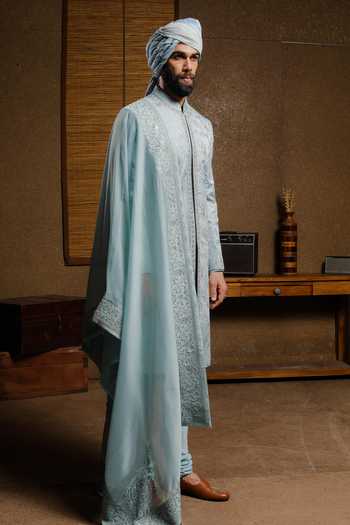 Punit Arora_Sky Blue Silk Embroidery, Zari Mint Edition Sherwani Set _Online_at_Aza_Fashions