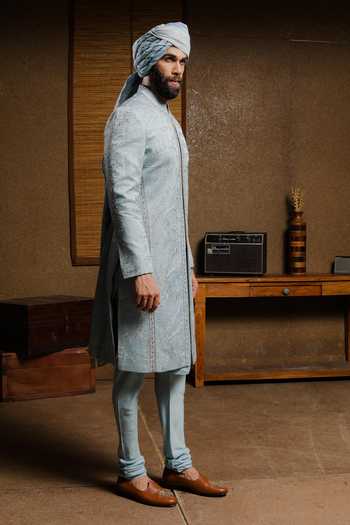 Shop_Punit Arora_Sky Blue Silk Embroidery, Zari Mint Edition Sherwani Set _at_Aza_Fashions