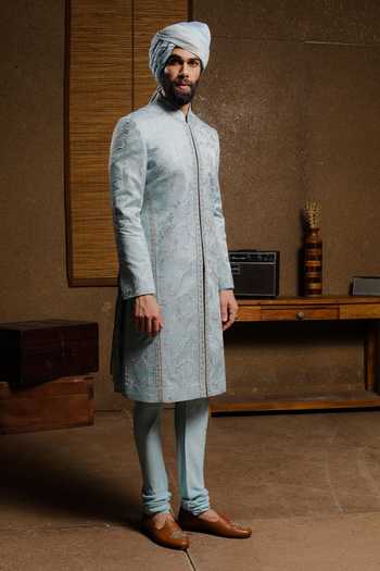 Buy_Punit Arora_Sky Blue Silk Embroidery, Zari Mint Edition Sherwani Set _Online_at_Aza_Fashions