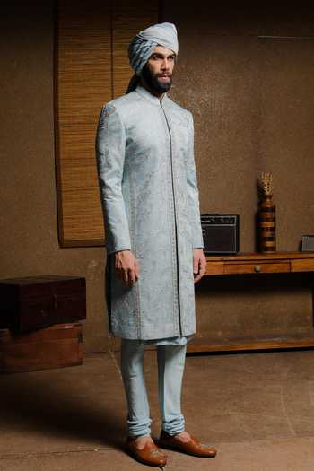 Shop_Punit Arora_Sky Blue Silk Embroidery, Zari Mint Edition Sherwani Set _Online_at_Aza_Fashions