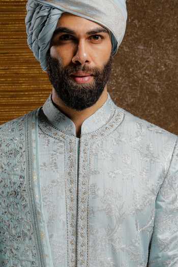 Punit Arora_Sky Blue Silk Embroidery, Zari Mint Edition Sherwani Set _at_Aza_Fashions