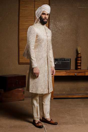 Shop_Punit Arora_Beige Silk Embroidery Classic Sherwani Set _at_Aza_Fashions