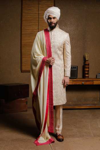 Buy_Punit Arora_Beige Silk Embroidery Classic Sherwani Set _at_Aza_Fashions
