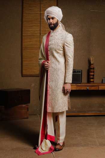 Punit Arora_Beige Silk Embroidery Classic Sherwani Set _Online_at_Aza_Fashions