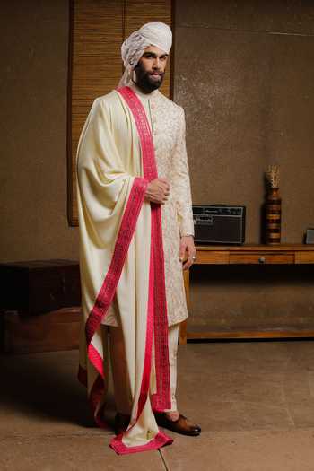 Buy_Punit Arora_Beige Silk Embroidery Classic Sherwani Set _Online_at_Aza_Fashions