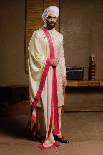 Shop_Punit Arora_Beige Silk Embroidery Classic Sherwani Set _Online_at_Aza_Fashions