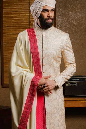 Punit Arora_Beige Silk Embroidery Classic Sherwani Set _at_Aza_Fashions