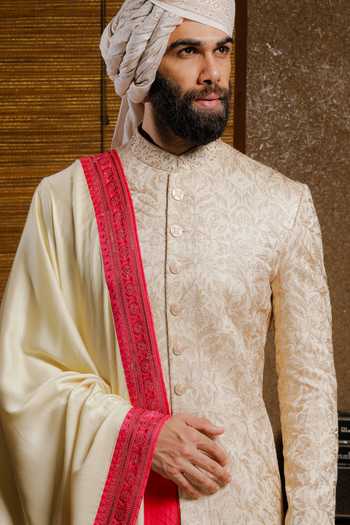 Buy_Punit Arora_Beige Silk Embroidery Classic Sherwani Set 