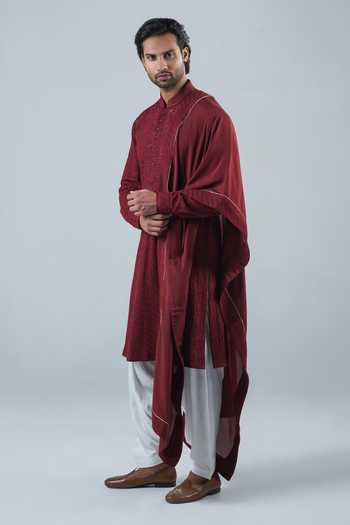 Buy_Punit Arora_Maroon Modal Embroidery Redefining Royalty Kurta Set _Online_at_Aza_Fashions
