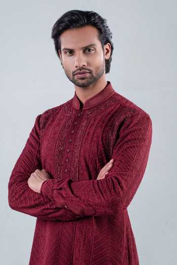 Shop_Punit Arora_Maroon Modal Embroidery Redefining Royalty Kurta Set _Online_at_Aza_Fashions
