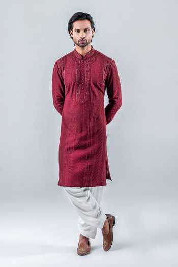 Shop_Punit Arora_Maroon Modal Embroidery Redefining Royalty Kurta Set _at_Aza_Fashions