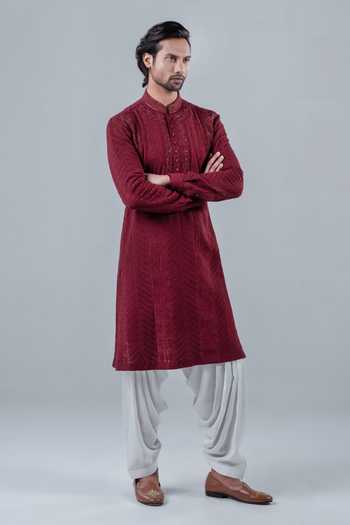 Punit Arora_Maroon Modal Embroidery Redefining Royalty Kurta Set _at_Aza_Fashions