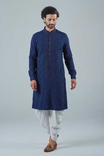 Shop_Punit Arora_Navy Modal Thread , Tonal Kurta Set _at_Aza_Fashions