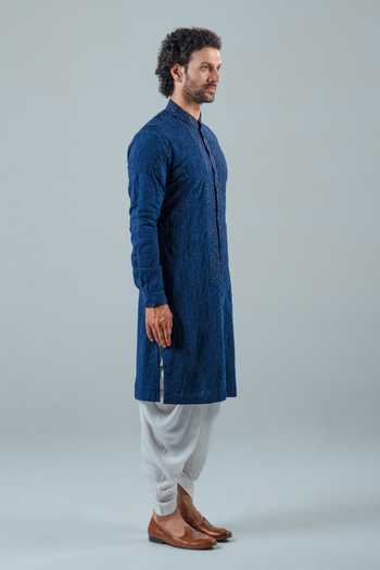 Punit Arora_Navy Modal Thread , Tonal Kurta Set _at_Aza_Fashions