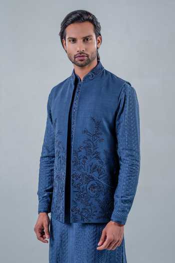Shop_Punit Arora_Blue Silk, Modal Embroidery, Stones Epitome Of Regality Bundi And Kurta Set _at_Aza_Fashions