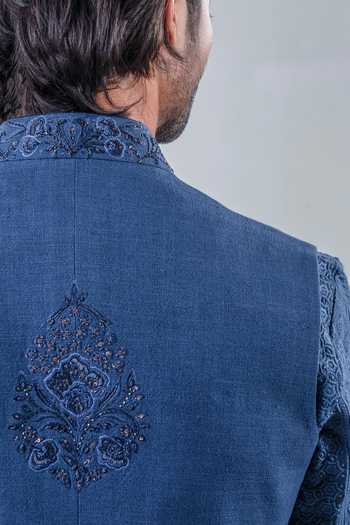 Buy_Punit Arora_Blue Silk, Modal Embroidery, Stones Epitome Of Regality Bundi And Kurta Set _Online_at_Aza_Fashions