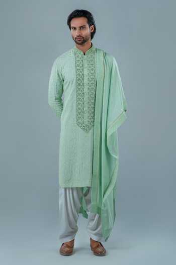 Buy_Punit Arora_Mint Modal Embroidery Serene Aqua Kurta Set _at_Aza_Fashions