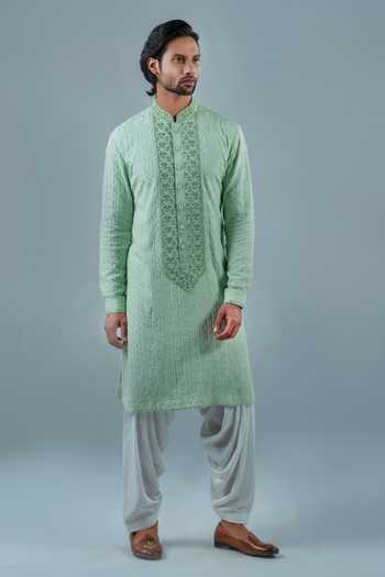 Shop_Punit Arora_Mint Modal Embroidery Serene Aqua Kurta Set _at_Aza_Fashions