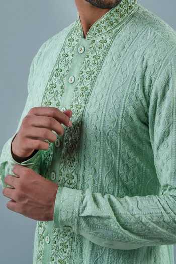 Shop_Punit Arora_Mint Modal Embroidery Serene Aqua Kurta Set _Online_at_Aza_Fashions