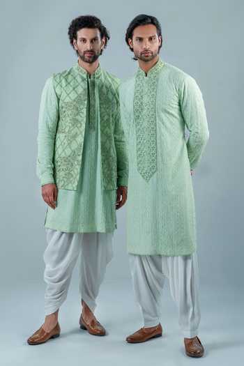 Punit Arora_Mint Silk, Modal Embroidery Bundi And Kurta Set _Online_at_Aza_Fashions