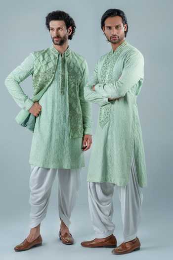 Buy_Punit Arora_Mint Silk, Modal Embroidery Bundi And Kurta Set _Online_at_Aza_Fashions