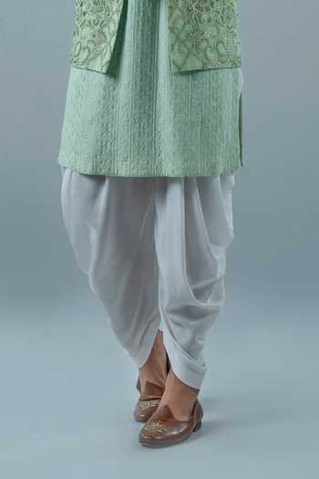 Shop_Punit Arora_Mint Silk, Modal Embroidery Bundi And Kurta Set _Online_at_Aza_Fashions