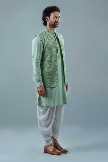 Punit Arora_Mint Silk, Modal Embroidery Bundi And Kurta Set _at_Aza_Fashions