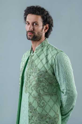 Buy_Punit Arora_Mint Silk, Modal Embroidery Bundi And Kurta Set 