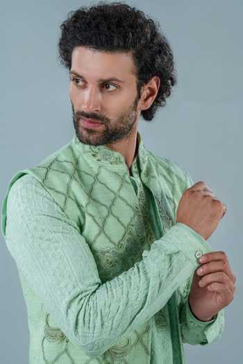 Shop_Punit Arora_Mint Silk, Modal Embroidery Bundi And Kurta Set 