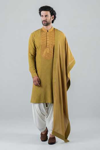 Shop_Punit Arora_Olive Green Modal Embroidery Hand Work Kurta Set With Dupatta _at_Aza_Fashions