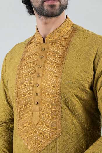 Buy_Punit Arora_Olive Green Modal Embroidery Hand Work Kurta Set With Dupatta _Online_at_Aza_Fashions