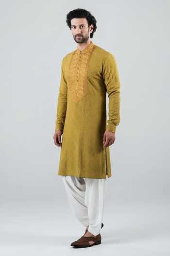 Shop_Punit Arora_Olive Green Modal Embroidery Hand Work Kurta Set With Dupatta _Online_at_Aza_Fashions