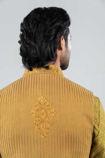 Shop_Punit Arora_Green Silk, Modal Embroidery Earthy Gold Of Panache Bundi Kurta Set _at_Aza_Fashions