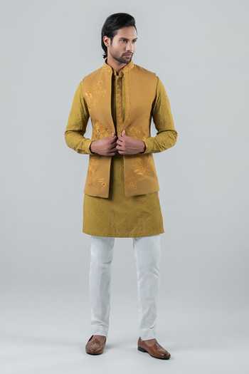 Buy_Punit Arora_Green Silk, Modal Embroidery Earthy Gold Of Panache Bundi Kurta Set _at_Aza_Fashions