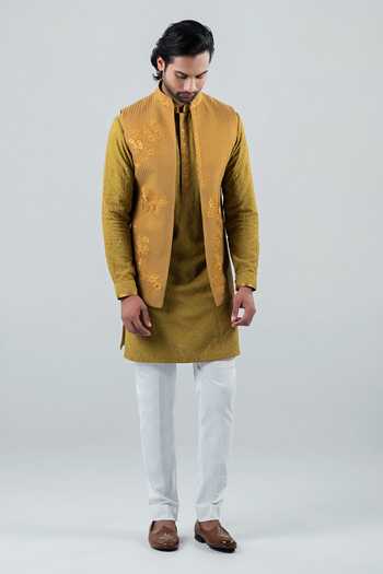 Buy_Punit Arora_Green Silk, Modal Embroidery Earthy Gold Of Panache Bundi Kurta Set _Online_at_Aza_Fashions