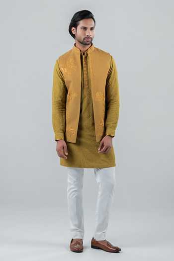 Shop_Punit Arora_Green Silk, Modal Embroidery Earthy Gold Of Panache Bundi Kurta Set _Online_at_Aza_Fashions