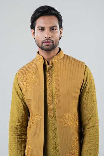 Punit Arora_Green Silk, Modal Embroidery Earthy Gold Of Panache Bundi Kurta Set _at_Aza_Fashions