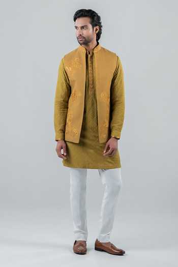Buy_Punit Arora_Green Silk, Modal Embroidery Earthy Gold Of Panache Bundi Kurta Set 