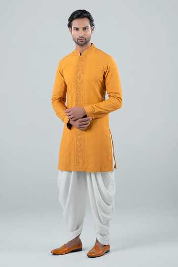 Shop_Punit Arora_Mustard Modal Embroidery Tonal Kurta Salwar Set _at_Aza_Fashions
