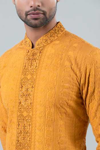 Shop_Punit Arora_Mustard Modal Embroidery Tonal Kurta Salwar Set _Online_at_Aza_Fashions