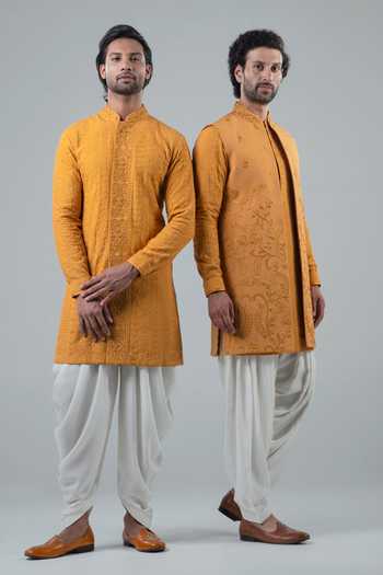 Punit Arora_Mustard Silk, Modal Embroidery Floral Long Bundi And Kurta Set _Online_at_Aza_Fashions